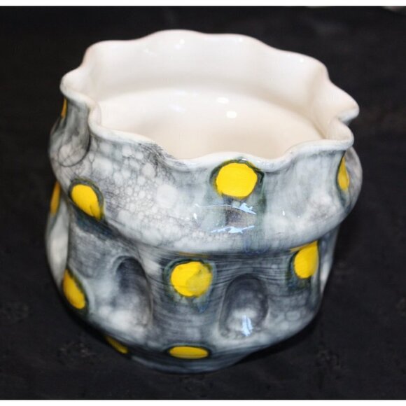 Polka dots Ceramic Black & Yellow Altered Vase Bubble Technique Organic Shape - Picture 6 of 11
